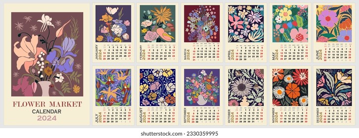 Floral calendar template for 2024 . Vertical design with abstract groovy hippie flowers. Vector illustration page template A3, A2 for printable wall monthly calendar. Week starts on Sunday