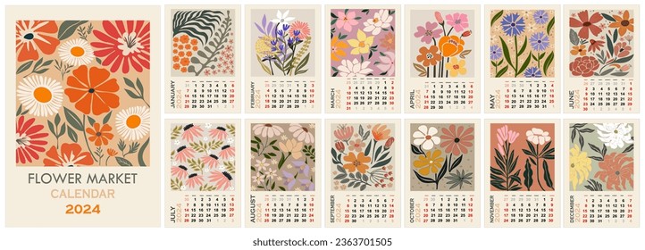 Floral calendar template for 2024 . Vertical design with abstract flowers. Vector illustration page template A3, A2 for printable wall monthly calendar. Week starts on Monday.