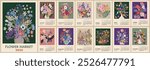 Floral calendar template for 2025 . Vertical design with Flower Market retro posters. Vector illustration page template A3, A2 for printable wall monthly calendar. Week starts on Sunday.
