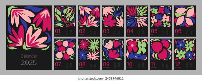 Floral calendar template for 2025. Vertical design with bright colorful flowers and leaves. Editable illustration page template A4, A3, set of 12 months with cover. Vector mesh. Week starts on Monday.