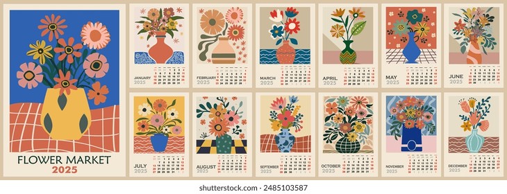 Floral calendar template for 2025 . Vertical design with abstract flowers. Vector illustration page template A3, A2 for printable wall monthly calendar. Week starts on Sunday.