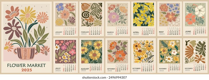 Floral calendar template for 2025 . Vertical design with Flower Market prints. Vector illustration page template A3, A2 for printable wall monthly calendar. Week starts on Sunday.