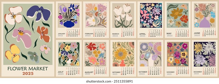 Floral calendar template for 2025 . Vertical design with Flower Market retro posters. Vector illustration page template A3, A2 for printable wall monthly calendar. Week starts on Sunday.