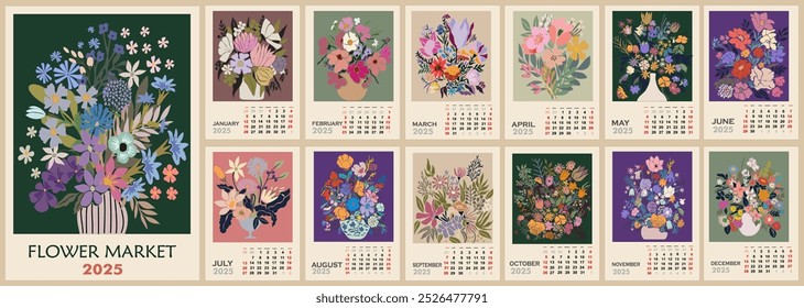 Modelo de calendário floral para 2025 . Design vertical com pôsteres retro Flower Market. Modelo de página de ilustração de vetor A3, A2 para calendário mensal de parede imprimível. A semana começa no domingo.