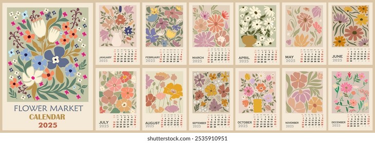 Plantilla de calendario floral para 2025 . Diseño de Vertical con carteles retro de Flower Market. Plantilla de página de Ilustración vectorial A3, A2 para calendario mensual de pared imprimible. La semana comienza el domingo.