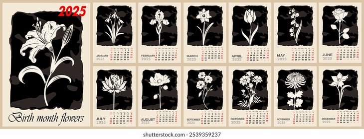 Plantilla de calendario floral para 2025 . Diseño de Vertical con flores de mes de nacimiento. Plantilla de página de Ilustración vectorial A3, A2 para calendario mensual de pared imprimible. La semana comienza el domingo