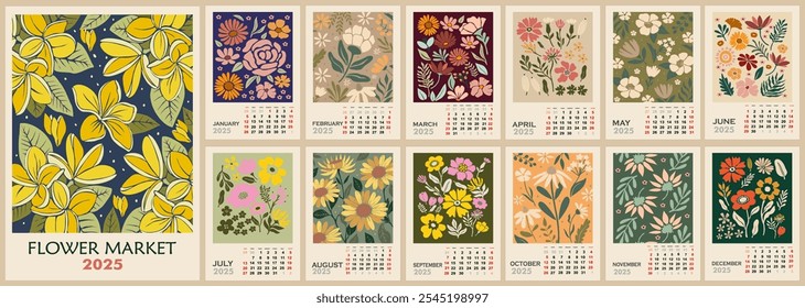 Floral calendar template for 2025 . Vertical design with trendy flower market prints. Vector illustration page template A3, A2 for printable wall monthly calendar. Week starts on Sunday.	