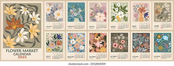 Plantilla de calendario floral para 2025 . Diseño de Vertical con carteles retro de Flower Market. Plantilla de página de Ilustración vectorial A3, A2 para calendario mensual de pared imprimible. La semana comienza el domingo.