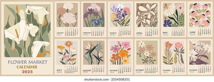 Floral calendar template for 2025 . Vertical design with Flower Market retro posters. Vector illustration page template A3, A2 for printable wall monthly calendar. Week starts on Sunday.