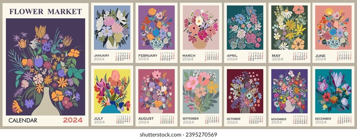 Floral calendar vector art template for 2024. 