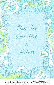 Floral Calla Lily background with empty space for text or picture. Card or invitation on cyan background. Vector