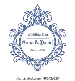 Floral calligraphic wadding badge frame. Vector illustration