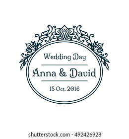 Floral calligraphic wadding badge frame. Vector illustration