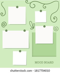 Floral calligraphy elements green pastel color mood board template. Decorative vector collage composition for presentation and photo frame 