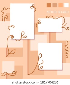 Floral calligraphy elements orange pastel color mood board template. Decorative vector collage composition for presentation and photo frame, sticky notes, self-motivation and creative idea pinks 