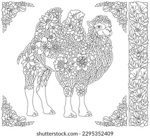 Floral camel. Adult coloring book page with fantasy animal and flower elements