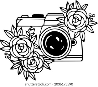 Floral Camera Vector Retro in Flowers Leaves, ideal for photographers. 