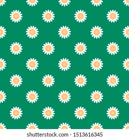 Floral camomile seamless pattern, on a green background. Repeat daisy. Realistic flower pattern. Floral summer prints. Summer floral prints. Flat vector illustration.