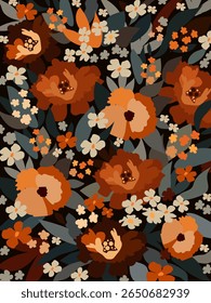 Floral canvas with leaves in brown tones on a black background. Vector.