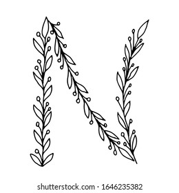 Floral capital English letter N. Outline drawing by hand. Vector element for postcards, invitations.
