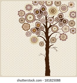 Floral card with abstract tree with flowers and butterflies