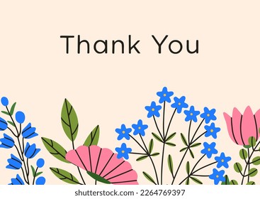 Floral card background. Spring delicate flowers on thanking gratitude postcard design with wildflowers. Blooming blossomed gentle beautiful field plants on nature backdrop. Flat vector illustration