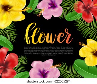 Floral card, banner, poster design. Beautiful vector summer background with tropical flowers, palm leaves, hibiscus on black