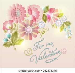 Floral card with beautiful spring pink flowers. Valentines Day