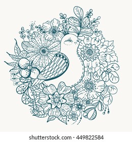 Floral Card with  bird, beautiful doodle background, Vector