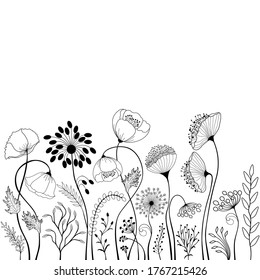 Floral card. Black and white illustration.