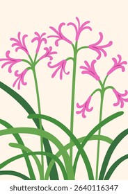 Floral card. Blooming nerine, simple fragile flower, botanical background. Delicate leaves, gentle blossoms, tender spider lily, garden nature poster design. Floristic flat vector illustration