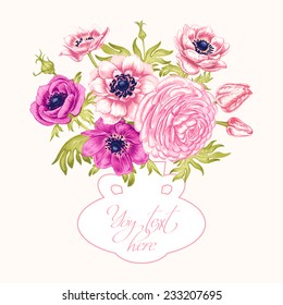 Floral card. Bouquet of anemones, tulips, ranunculus. Invitation. Vector. Retro. Vintage style.