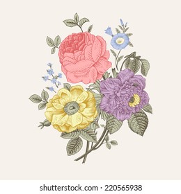 Floral card. Bouquet of roses, dog-rose and anemone. Vintage vector illustration. Classic. Pastel color.