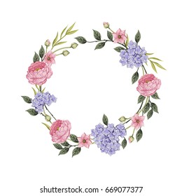 Floral card. Bouquet of roses, hortensia and anemone. Vintage vector illustration. Classic. pastel color. wreath shape