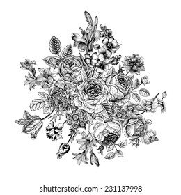 Floral card. Bouquet of roses, lily and anemone. Vintage vector illustration. Classic. Black and white. 