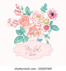 Floral card. Bouquet of roses, peonies, anemones, tulips, bells. Invitation. Vector. Retro. Vintage style.