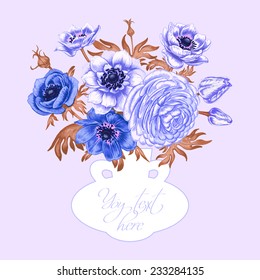 Floral card. Bouquet of roses, peonies, anemones, tulips. Invitation. Vector. Retro. Vintage style.