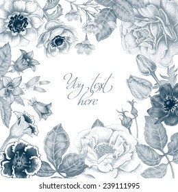 Floral card. Bouquet of roses, peonies, anemones, tulips, bells. Invitation. Vector. Retro. Vintage style.
