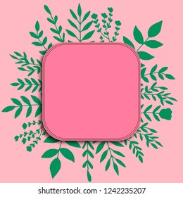Floral card with branches, leaves, plants, flowers on pink. Vector illustration. 