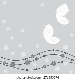 Floral card with butterflies in grey hues
