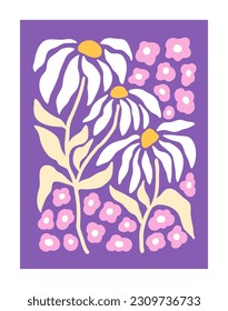 Floral card. Camomiles, meadow flowers. Modern botanical wall art, interior poster. Summer wildflowers, chamomiles in naive style. Gorgeous gentle field plants. Floristic flat vector illustration