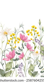 Floral card with colorful flowers cosmos, coreopsis, lavender, bells, green plants. Watercolor set wildflowers isolated on white background, summer border for your design.