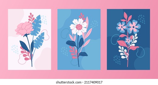 Floral card. Colorful nature flower design. Abstract geometric painting. Frame greeting flyer, booklet, brochure template. Elegant invite floral card. Flower composition card. Vector illustration.