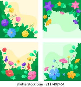 Floral card. Colorful nature flower design. Abstract geometric painting. Frame greeting flyer, booklet, brochure template. Elegant invite floral card. Flower composition card. Vector illustration.