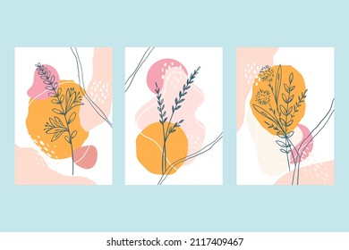 Tarjeta floral. Diseño floral de naturaleza colorida. Pintura geométrica abstracta. Volante de felicitación de cuadro, folleto, plantilla de folleto. Elegante carta de invitación floral. Tarjeta de composición de flores. Ilustración vectorial.