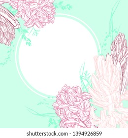 Floral card with copy space. Plant in blossom, branch with flower ink sketch. Vector illustration for your design