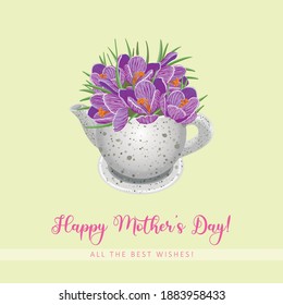 Floral card crocuses in a marble teapot with congratulations on March 8