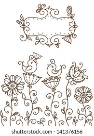 floral card. cute floral card with birds and frame for text