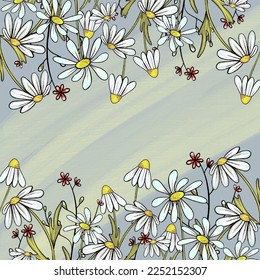 Floral Card for daisies and wildflowers on a gray background, copy space, vector, hand drawn illustration, doodles. Summer Background with daisies, butterflies and bees. Chamomile background