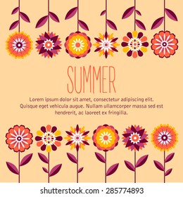 Floral card decorated with the different colored summer flowers. Perfect for t-shirt print, greeting cards, summer posters and tables. Fully editable vector illustration.